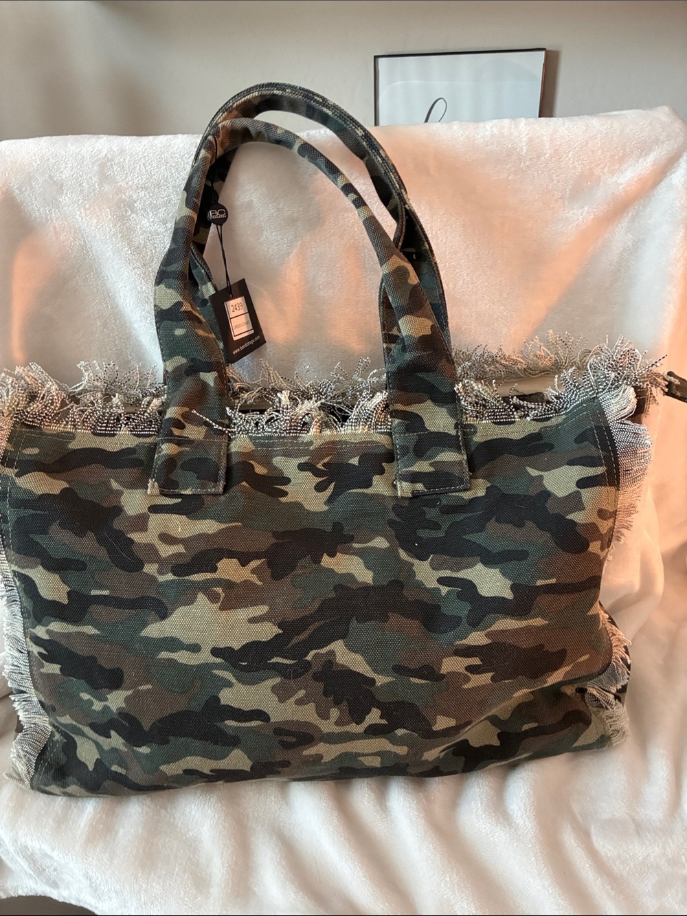 Camouflage Fringe Canvas Tote - Green/Brown 12L 17W not including handles